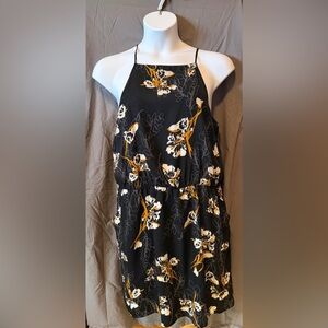 Sleeveless Black Floral Dress with Yellow Accent